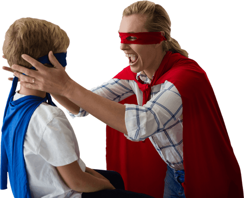 Playful Mother and Son Pretending To Be Superheroes Transparent Design
