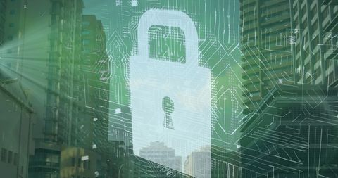 cityscape with digital lock icon highlighting data security - Download Free Stock Images Pikwizard.com