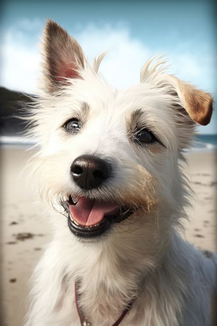 White dog seen smiling and enjoying time at the beach on a sunny day. Great for use in content related to pets, outdoor activities, dog ownership, relaxation, and vacation themes.