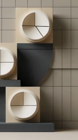 Vertical abstract motion loop with rotating blocks revealing circular voids on minimalist grid