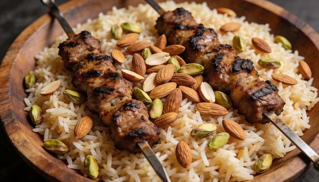 Grilled lamb shish kebab on basmati rice with almonds and pistachios in wooden bowl
