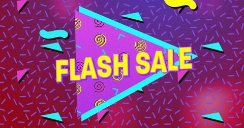 Retro memphis flash sale neon triangle banner with bold yellow text and geometric confetti