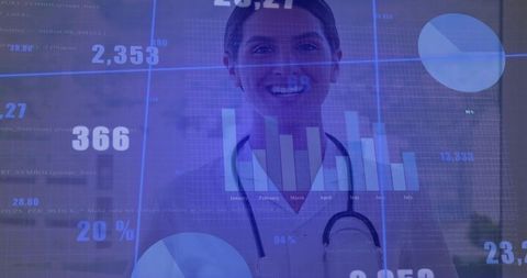 Smiling Doctor with Data Visualizations in Modern Healthcare Office