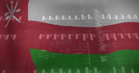 Omani flag overlaying financial data visualization with khanjar crest and stock charts
