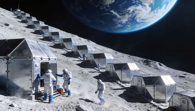 Astronauts Placing Modular Habitats Along Lunar Slope with Earthrise View