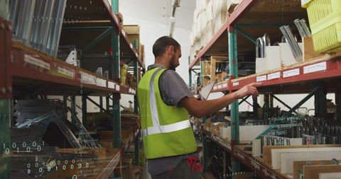 Warehouse clerk using tablet conducting inventory in metal shelving wearing hi-vis vest