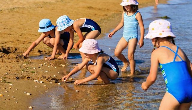 Children collecting seashells on sunny shoreline wearing swimsuits and pastel bucket hats