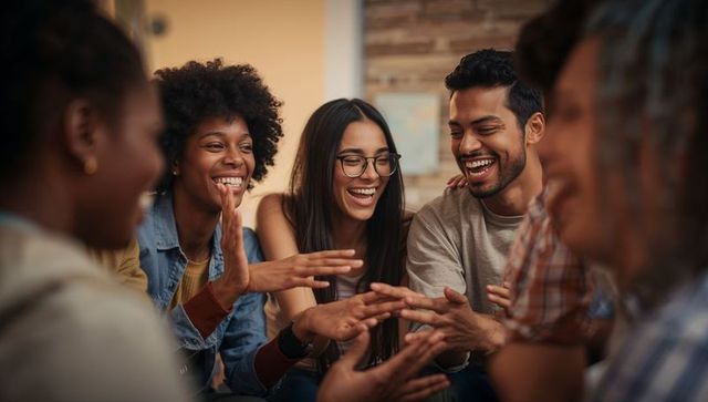 Diverse friends laughing and clapping hands during cozy living room game night hangout