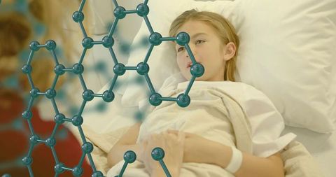 Resting child holding caregiver hand in hospital bed with teal molecular structure overlay