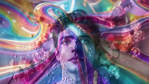 Man Immersed in Fluid Glowing Ribbon and Flowers in Digital Space