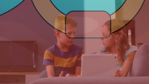 Children Using Tablet with Abstract Geometric Overlay