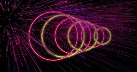 Glowing neon rings receding through digital tunnel conveying motion depth and vivid energy