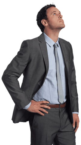 Transparent Businessman Looking Up With Hands on Hip in Suit