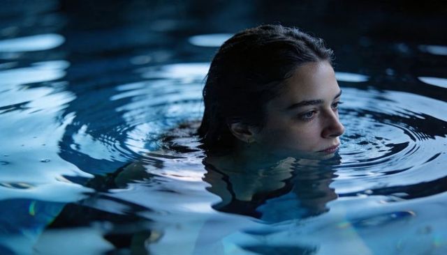 Woman emerging from pool at dusk with concentric ripples and reflective blue water