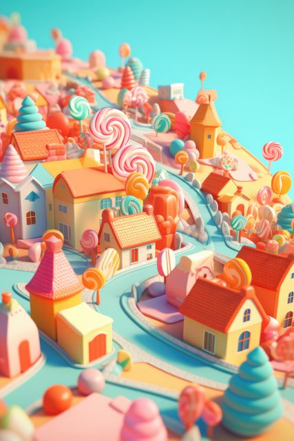 Vibrant and whimsical village full of colorful, candy-themed buildings and trees. Perfect for use in children's book illustrations, fantasy game design elements, greeting cards, animation backgrounds, and creative storytelling presentations.