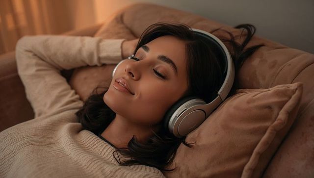 Young woman relaxing on sofa with silver headphones and knit sweater, cozy lifestyle
