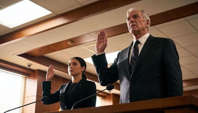 Raising right hand taking oath in courtroom by male and female professionals
