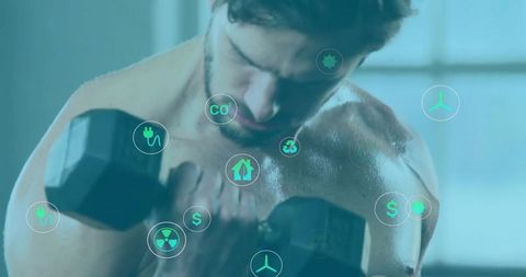 Athletic Man Lifting Weights with Sustainable Energy Icons