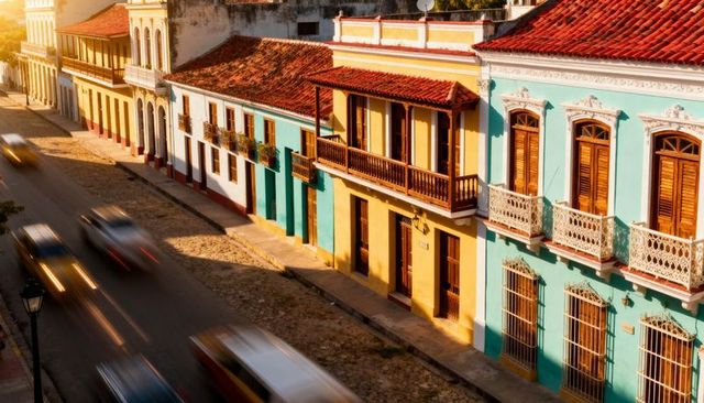 Golden light bathing colorful colonial facades with balconies over cobblestone street