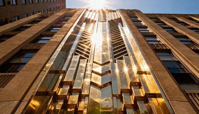 Sunburst reflecting gold facade with chevron geometry, low-angle urban architecture detail