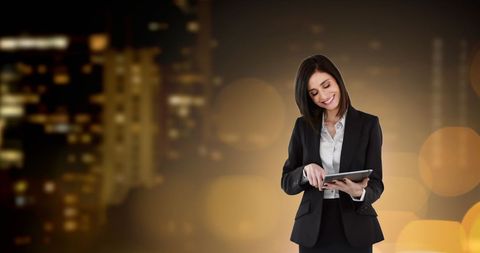 Businesswoman Engaging with Digital Tablet in Urban Setting - Download Free Stock Images Pikwizard.com