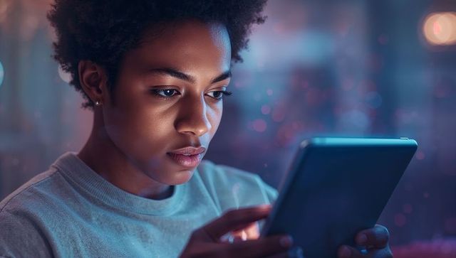 Focused woman holding tablet in softly lit room with bokeh lights