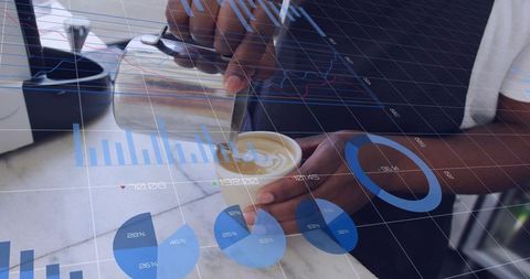Barista pouring latte art with holographic business analytics overlay for cafe marketing