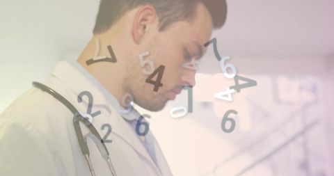 Doctor analyzing data with floating numerals symbolizing future healthcare