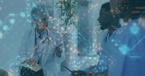 Doctors Collaborating with Digital Tech Overlay in Hospital Corridor