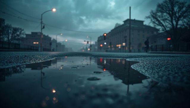 Moody urban scene with reflections in street puddle at dusk