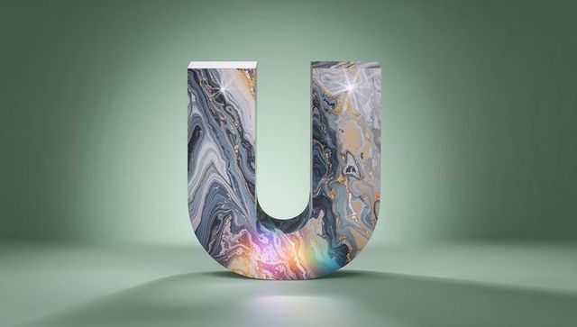 Marble-textured letter u with gold veins and rainbow reflection