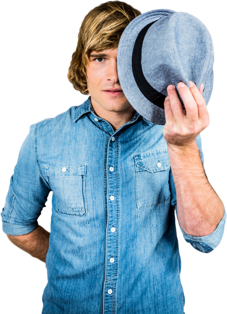 Transparent Hipster Man with Denim Shirt Holding Hat - Download Free Stock Videos Pikwizard.com