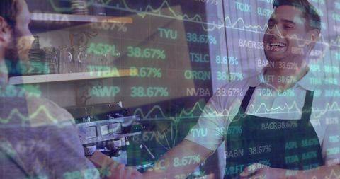 Barista Smiling with Trading Data Overlaid for Fintech Concept