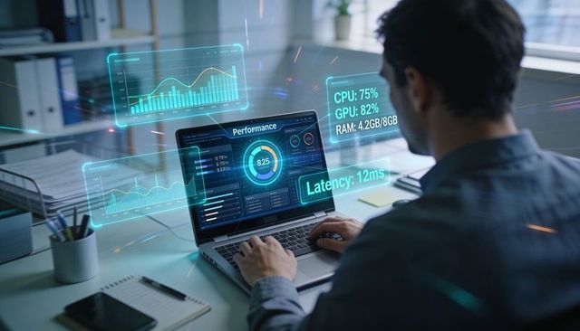 It professional monitoring live system performance dashboard with holographic analytics