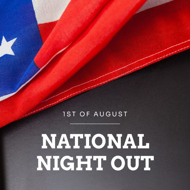 This image displays the date for National Night Out on the 1st of August with a corner view of an American flag. Perfect for promoting community gatherings, social events, and local engagement in the United States. Useful for posters, flyers, and social media posts encouraging participation in civic activities.