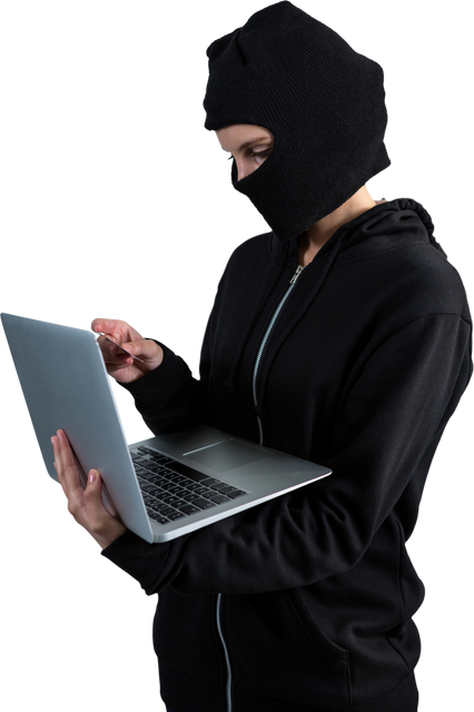 Female Hacker Holding Laptop and Credit Card on Transparent Background - Download Free Stock Videos Pikwizard.com