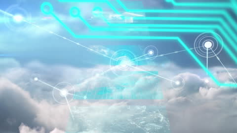 Futuristic Circuit Network Overlaying Digital Cloudscape