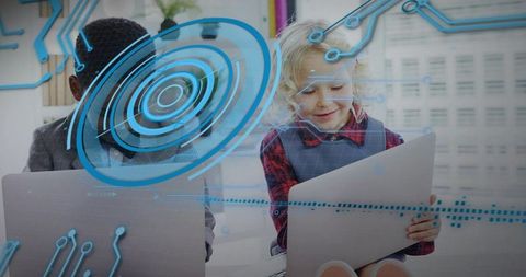 Young students collaborating with futuristic ar learning interface on laptops and tablets