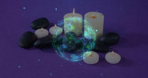 Digital sphere above spa stones with candles creating_futur_istic ambiance