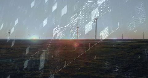 Digital visualization of wind turbines at sunset over grassland