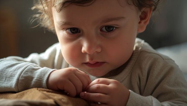 Pensive toddler leaning on cushion, resting forearms and looking down in sunlit knit sweater