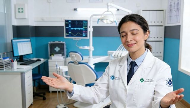 Female dentist welcoming patient in modern dental operatory with relaxed smile and open arms