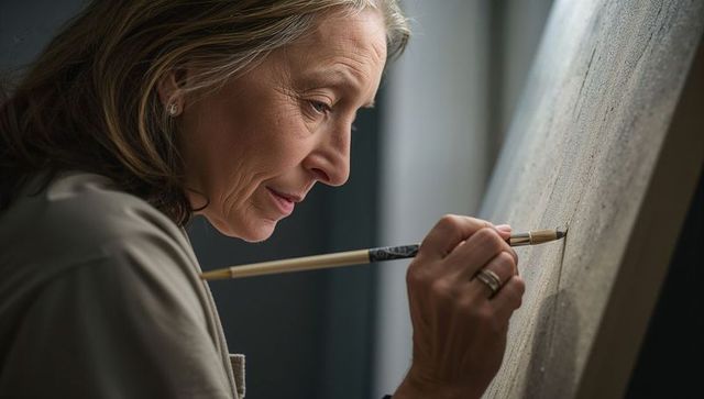 Senior artist applying delicate brushwork on canvas, concentrated female painter portrait