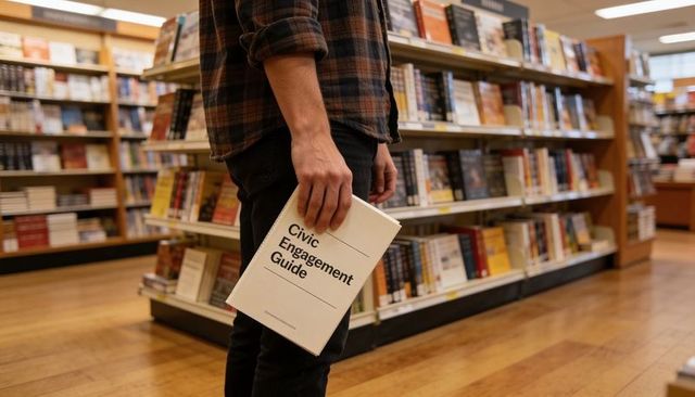 Holding civic engagement guide in bookstore aisle with plaid shirt and wooden floor