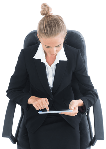 Transparent blonde businesswoman using tablet on swivel chair
