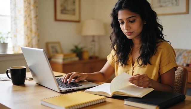 Young woman working from home typing on laptop and flipping book, cozy daylight workspace