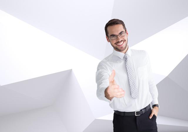 Digital composition of businessman offering his hand for handshake against white background