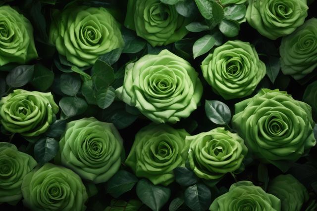 This vibrant floral arrangement features lush green roses surrounded by dense leaves. The unique green color offers a fresh and contemporary feel, perfect for environmental or nature-themed projects. Use for backgrounds, websites, garden-themed designs, or botanical presentations.