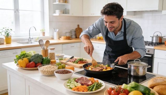 Home chef stirring skillet with steak and colorful vegetables in bright modern kitchen