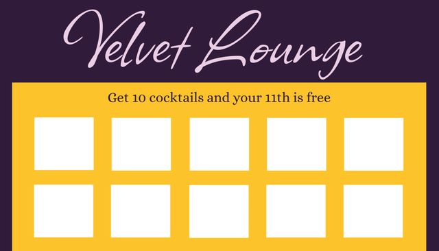 This modern loyalty card template is perfect for bars, lounges, and cocktail venues aiming to boost customer retention. Its vibrant, eye-catching design encourages repeated visits by offering a free cocktail after purchasing ten. Ideal for promoting drink specials and enhancing customer loyalty programs.